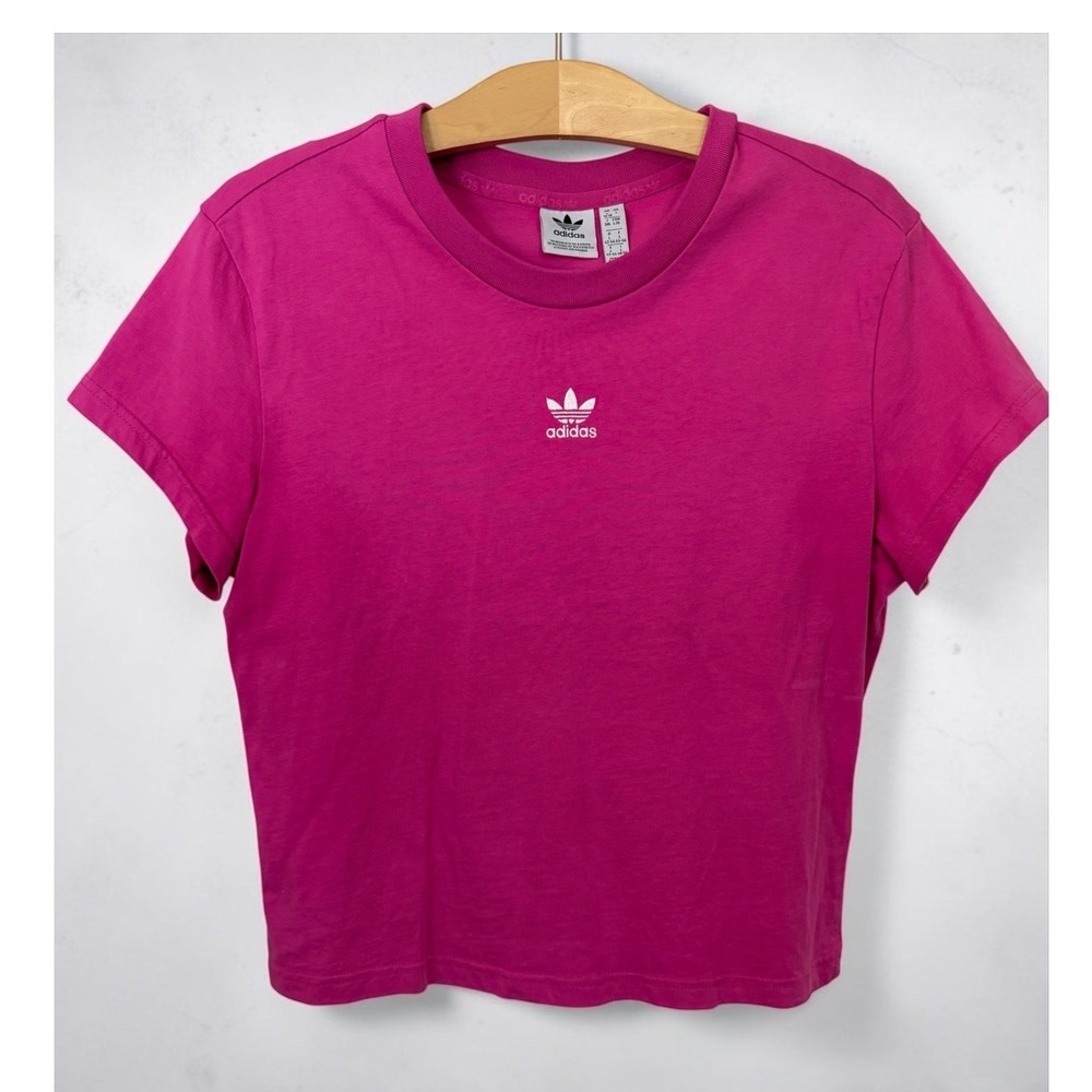 Adidas Originals Women L Pink Trefoil Cropped T-Shirt Short Sleeve Fuchsia Top